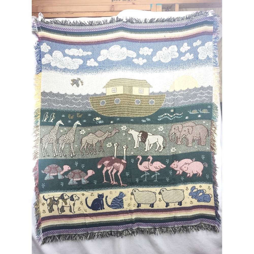 Vtg Noah's Ark Tapestry Woven Throw Blanket American Weavers Fringed 56"x46"
